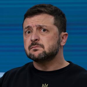 BRUSSELS, BELGIUM - OCTOBER 17: President of Ukraine Volodymyr Zelenskyy speaks to the media during a press conference during the European Council at Batiment Europa on October 17, 2024 in Brussels, Belgium.