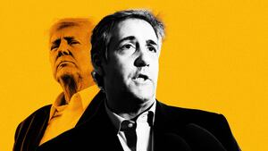 An illustration including a photo of Michael Cohen and Donald Trump