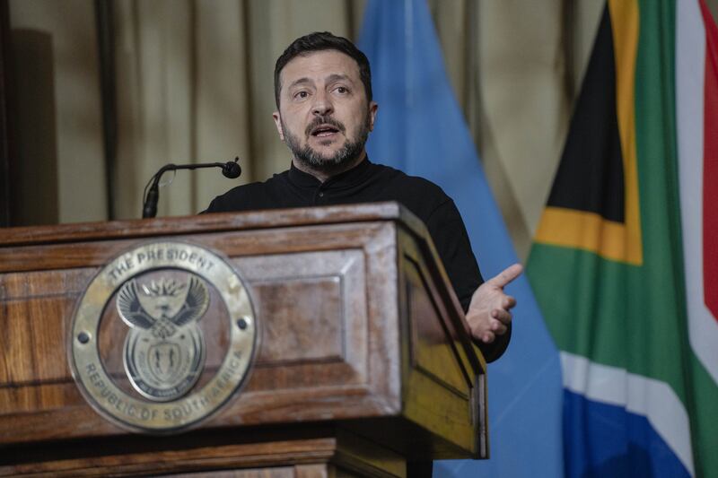 Ukrainian President Volodymyr Zelensky speaking at a joint press conference in South Africa on April 24 where he reiterated that he could not recognize Crimea as part of Russia.
