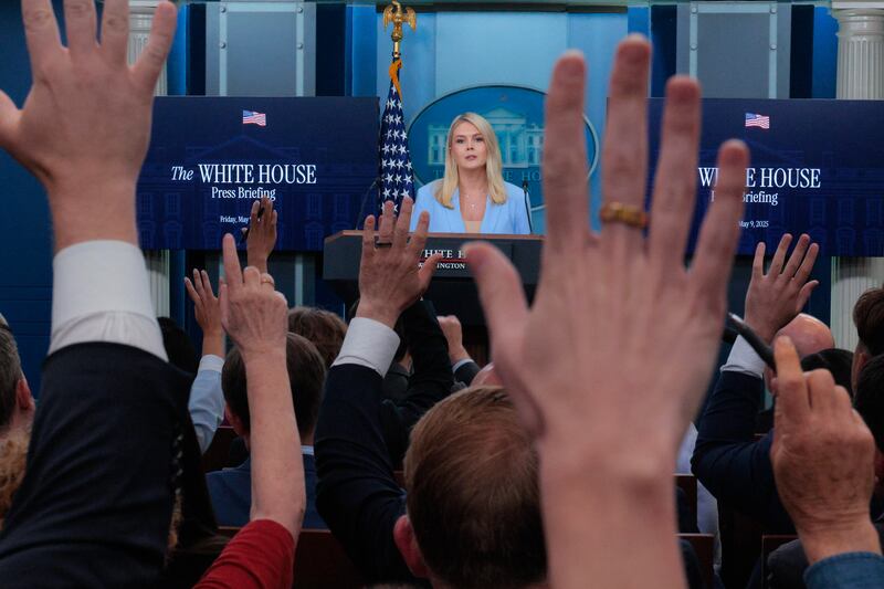 White House Press Secretary Karoline Leavitt talks to reporters during a news conference in the Brady Press Briefing Room at the White House on May 09, 2025 in Washington, DC.