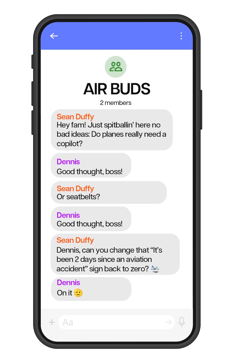 Jill Twiss parody of Signalgate group chat text messages.