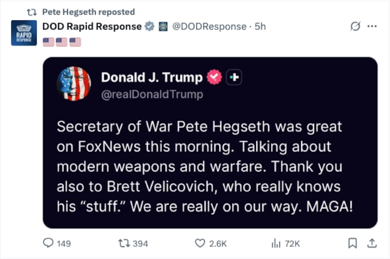 Hegseth approved of Trump talking about his "appearance" on Fox News.
