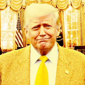 A photo illustration of President Donald Trump in a golden outfit and golden Oval Office at the White House.
