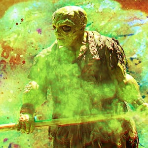 A photo illustration of Peter Dinklage as “Toxie” in the action in "The Toxic Avenger."