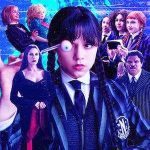 A photo illustration of Catherine Zeta-Jones, Jenna Ortega, Emma Myers, Evie Templeton, and Luis Guzmán on Wednesday.