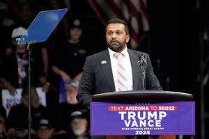 Kash Patel, former chief of staff to the defense secretary speaks on the day Republican presidential candidae and former U.S. President Donald Trump holds a campaign rally, in Prescott Valley, Arizona, U.S., October 13, 2024.