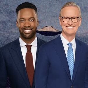A photo of the cohosts of Fox & Friends is laid over an image from the TV show The X-Files featuring the show's tagline "The Truth is Out There."