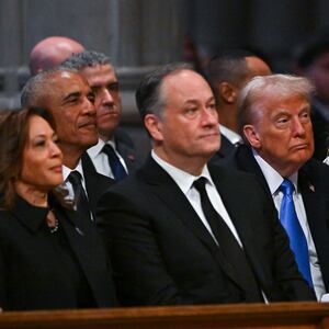 Vice President Kamala Harris, Second Gentleman Doug Emhoff, former President Barack Obama, President-elect Donald Trump, and his wife Melania Trump attend the state funeral services for former President Jimmy Carter at the National Cathedral on January 9, 2025 in Washington, D.C.