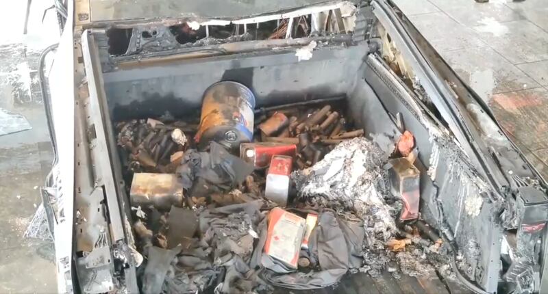 Police in Las Vegas release photos of burnt gas cans, fireworks and camping fuel in the trunk of a Tesla Cybertruck that exploded outside of the Trump International Hotel in Las Vegas.