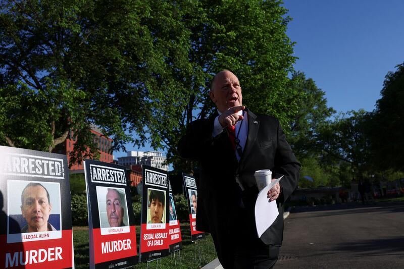 U.S. President Donald Trump's so-called “border czar,” Tom Homan, walked alongside the migrant placards on Monday morning.