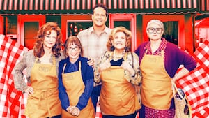 A photo illustration of  Susan Sarandon as Gia, Talia Shire as Teresa, Vince Vaughn as Joe Scaravella, Brenda Vaccaro as Antonella and Lorraine Bracco as Roberta in Nonnas.