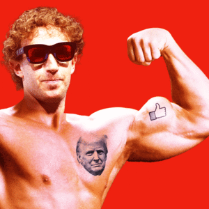 Mark Zuckerberg as a strongman with a Donald Trump tattoo on his chest