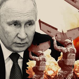 Photo illustration of Vladimir Putin with an explosion in the background and soldiers carrying drones