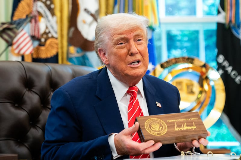 US President Donald Trump speaks during a news conference before presenting Elon Musk with a "key to the White House" in the Oval Office of the White House in Washington, DC, on May 30, 2025. Musk, who stormed into US politics as President Trump's chainsaw-brandishing sidekick, announced on May 28 that he is leaving his role in US government, intended to reduce federal spending, shortly after his first major break with the President over Trump's signature spending bill. (Photo by Allison ROBBERT / AFP) (Photo by ALLISON ROBBERT/AFP via Getty Images)