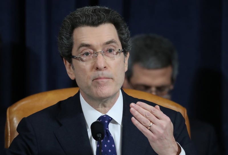 Majority counsel Norm Eisen questions constitutional scholars Noah Feldman of Harvard University, Pamela Karlan of Stanford University, Michael Gerhardt of the University of North Carolina, and Jonathan Turley of George Washington University during their testimony before the House Judiciary Committee hearing on the impeachment Inquiry into U.S. President Donald Trump on Capitol Hill in Washington, U.S., December 4, 2019. Drew Angerer/Pool via REUTERS
