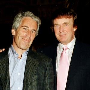 Portrait of American financier Jeffrey Epstein (left) and real estate developer Donald Trump as they pose together at the Mar-a-Lago estate, Palm Beach, Florida, 1997.