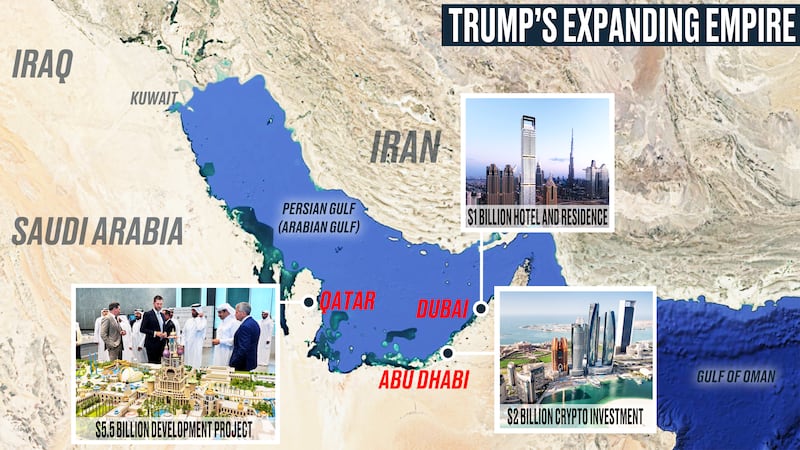 Donald Trump expanding empire map. Persian Gulf (Arabian Gulf).