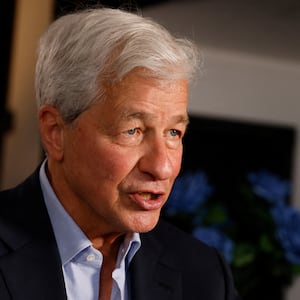Jamie Dimon, Chairman of the Board and Chief Executive Officer of JPMorgan Chase & Co., gestures as he speaks during an interview with Reuters in Miami, Florida, U.S., February 8, 2023. REUTERS/Marco Bello