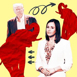 A photo illustration of former President Donald Trump and Alabama Senator Katie Britt and GOP red elephants.