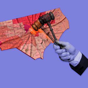 A gavel strikes the gerrymander voting map of North Carolina