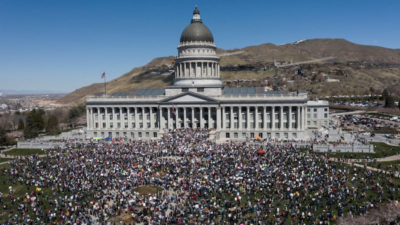 A drone view shows a protest at the Utah State Capitol building in a demonstration that is part of larger "Hands off" events organized nationwide against U.S. President Donald Trump, in Salt Lake City, Utah, U.S., April 5, 2025. REUTERS/Jim Urquhart     TPX IMAGES OF THE DAY