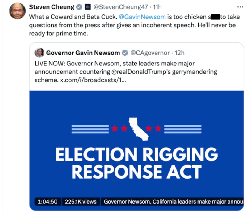 Screenshot of Steven Cheung tweet.