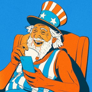 Illustration of Uncle Sam sitting on a chair looking at a cell phone and holding a cup of steaming tea