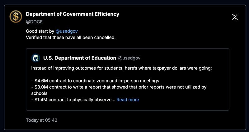 A screenshot of an entry from the DOGE website highlighting cuts made at the Department of Education.