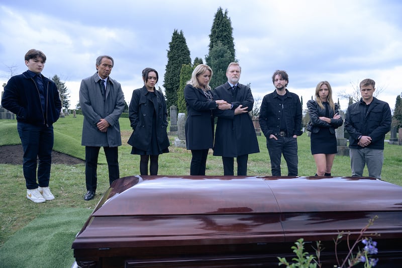 (L-R) Teo Briones, Andrew Tinpo Lee, Kaitlyn Santa Juana, April Amber Telek, Alex Zahara, Richard Harmon, Anna Lore, and Owen Patrick Joyner in New Line Cinema’s “Final Destination Bloodlines."
