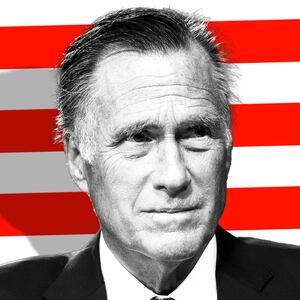 Photo illustration of Senator Mitt Romney (R-UT) on a red and white stripe background.