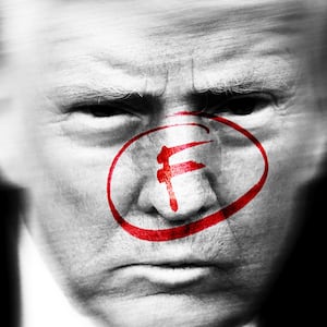 Donald Trump with a circled red "f" like a failing grade on homework over his face