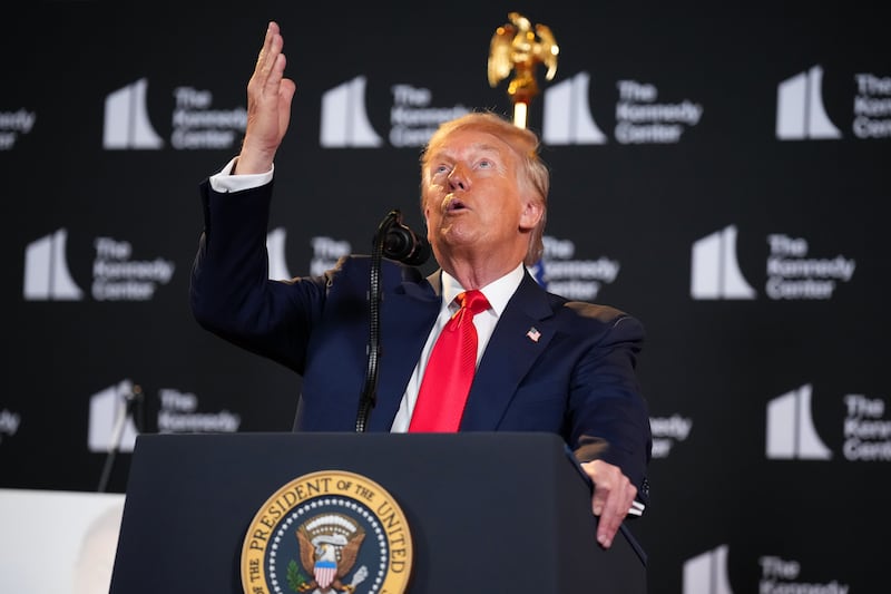 WASHINGTON, DC - AUGUST 13: U.S. President Donald Trump gestures as he speaks during an event at the Kennedy Center on August 13, 2025 in Washington, DC. Trump announced the first nominees of the annual Kennedy Center Honors since taking control of the center’s board earlier this year. (Photo by Andrew Harnik/Getty Images)