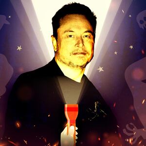 A photo illustration of Elon Musk at a campfire with ghosts.
