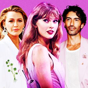 A photo illustration of Blake Lively, Taylor Swift, and Justin Baldoni.