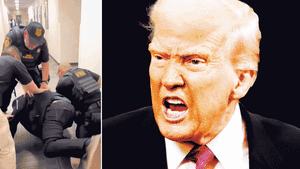 An animated GIF of Senator Alex Padilla being detained outside a Kristi Noem presser and President Donald Trump.
