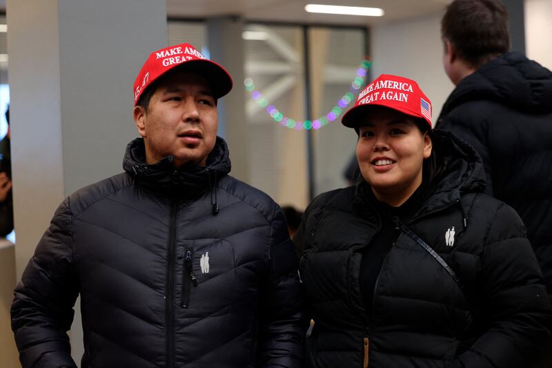Wellwishers wait for the arrival of US businessman Donald Trump Jr. in Nuuk, Greenland on January 7, 2025.