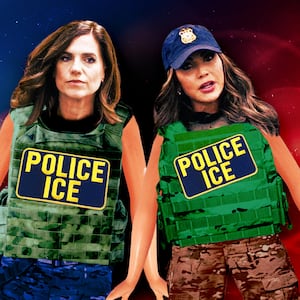 Nancy Mace and Kristi Noem in police ICE uniforms.