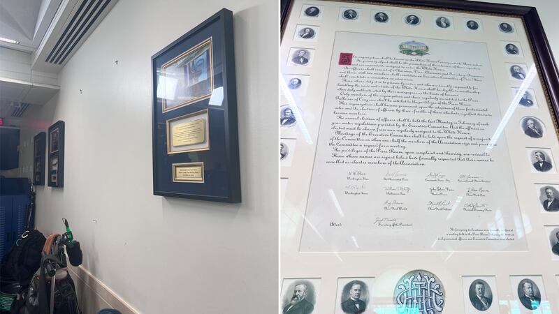 This is the large framed image (right) which plunged from the wall of the Brady Briefing Room, leaving a gaping hole (left) in the latest example of White House decay.