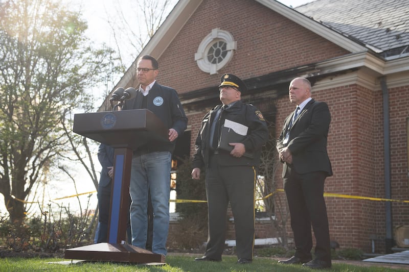 Pennsylvania Gov. Josh Shapiro speaks during a press conference outside of the Governor's Mansion after a portion of the property was damaged in an arson fire on April 13, 2025 in Harrisburg, Pennsylvania.
