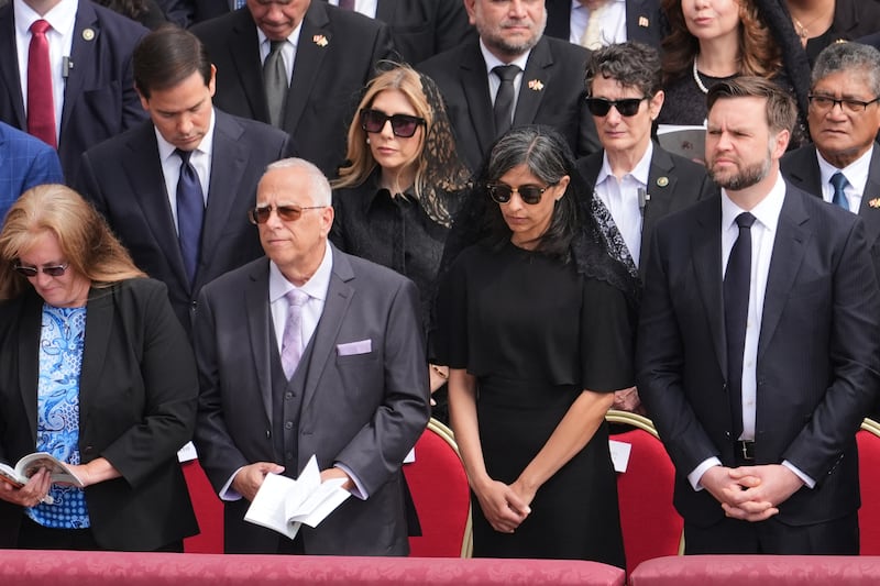 Vice President JD Vance and second lady Usha Vance, Louis Prevost, brother of Pope Leo XIV, and his wife Deborah attend   Pope Leo XIV's inaugural mass.