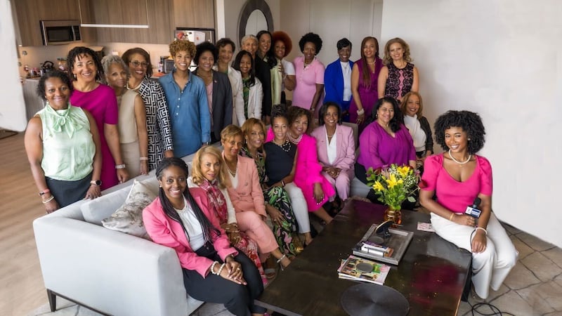 Sorority sisters of Kamala Harris together with a current Howard U journalism student who is interviewing them on the far right. 