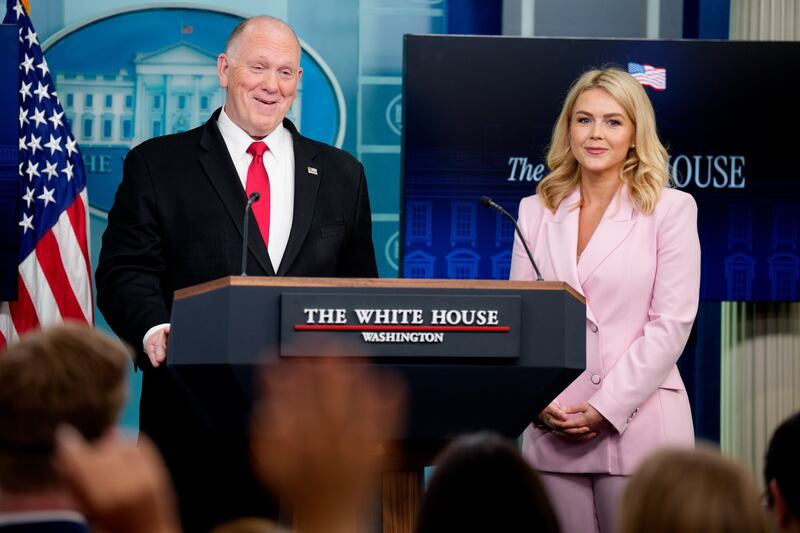 White House border czar Tom Homan, accompanied by White House press secretary Karoline Leavitt, speaks during the daily press briefing in the Brady Press Briefing Room at the White House on April 28, 2025.