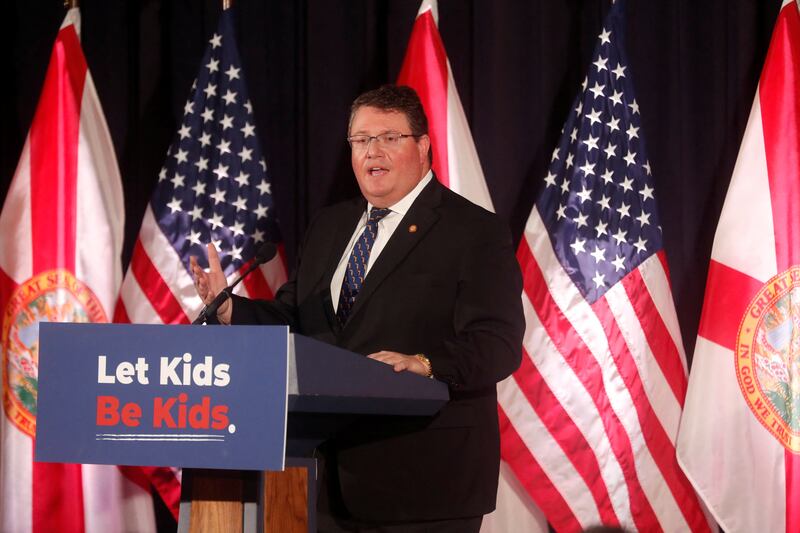 Florida State House Representative Randy Fine speaks during a press conference where Governor DeSantis signs five state house bills into law at Cambridge Christian School in Tampa, Florida, U.S. May 17, 2023.  REUTERS/Octavio Jones