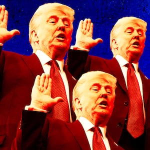 A photo illustration of three Donald Trumps during a swearing in ceremony.