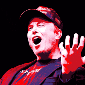 An animation of Elon Musk with a looping explosion.