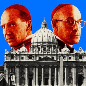 Ralph Fiennes and Stanley Tucci from Conclave behind St Peter's Basillica