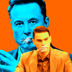 A gif of Elon Musk and Ben Shapiro with white scratches moving over their mouths on an orange background