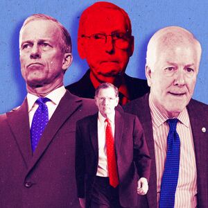 A photo illustration of Senators Mitch McConnell, John Thune, John Cornyn, and John Barrasso.