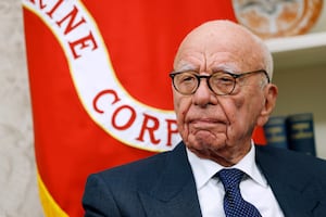 Former Executive Chairman of Fox Corp Rupert Murdoch listens as U.S. President Donald Trump speaks to reporters in the Oval Office of the White House on February 03, 2025 in Washington, DC.