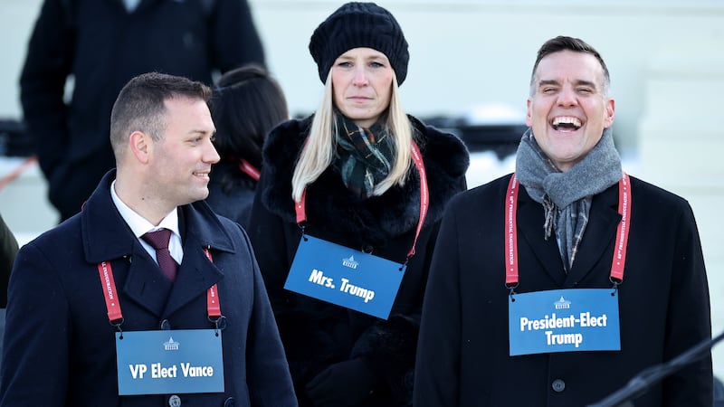 Musician Petty Officer 1st Class Nate Buttram stands in for Vice President-elect JD Vance, Gunnery Sergeant Cecilia Kozlowski for Melania Trump and Master Sergeant Matthew Nall for President-elect Trump during rehearsal on Sunday, Jan. 12.